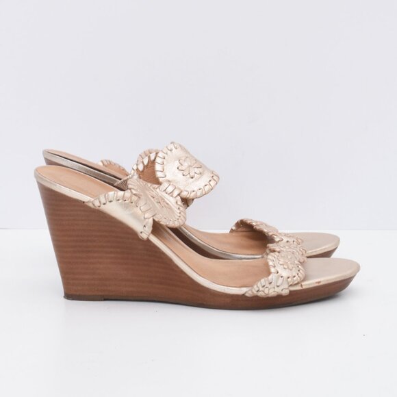 SOLD ON EBAY JACK ROGERS Platinum Gold Leather LUCCIA Wedge Sandals Shoes Sz 10M - Picture 2 of 12